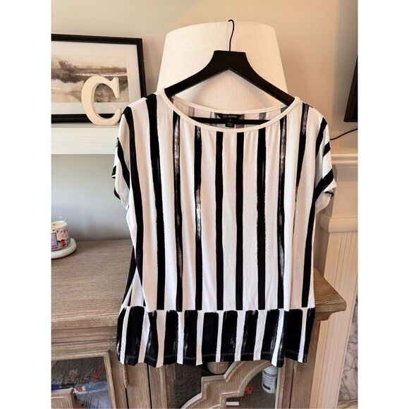 St John Black and White Striped Short Sleeve Blouse Women’s Size Medium - Picture 1 of 6